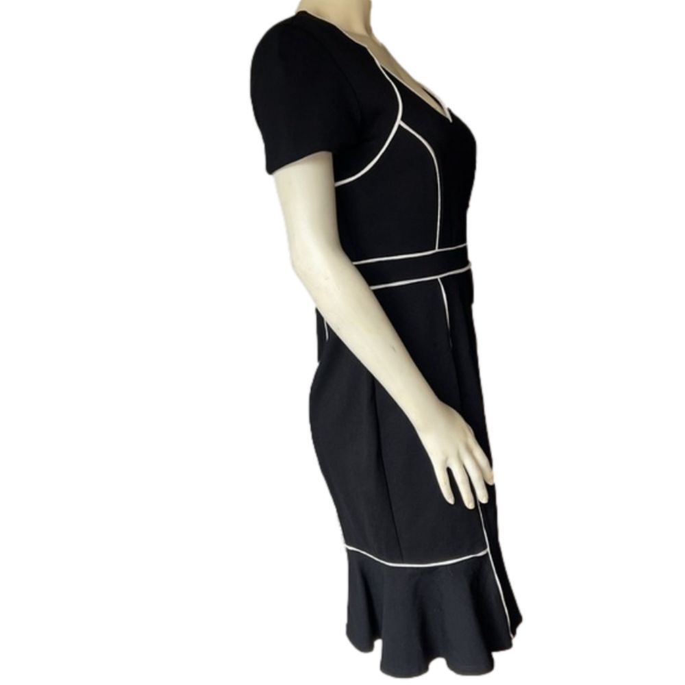 Nue By Shani Black/White V-Neck Piped Detail Tulip Hem Midi Dress. Size 8. - Picture 5 of 10